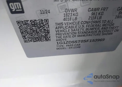 2025 Chevrolet Malibu Fwd 1Lt z USA, uszkodzony, nr VIN 1G1ZD5ST0SF153969